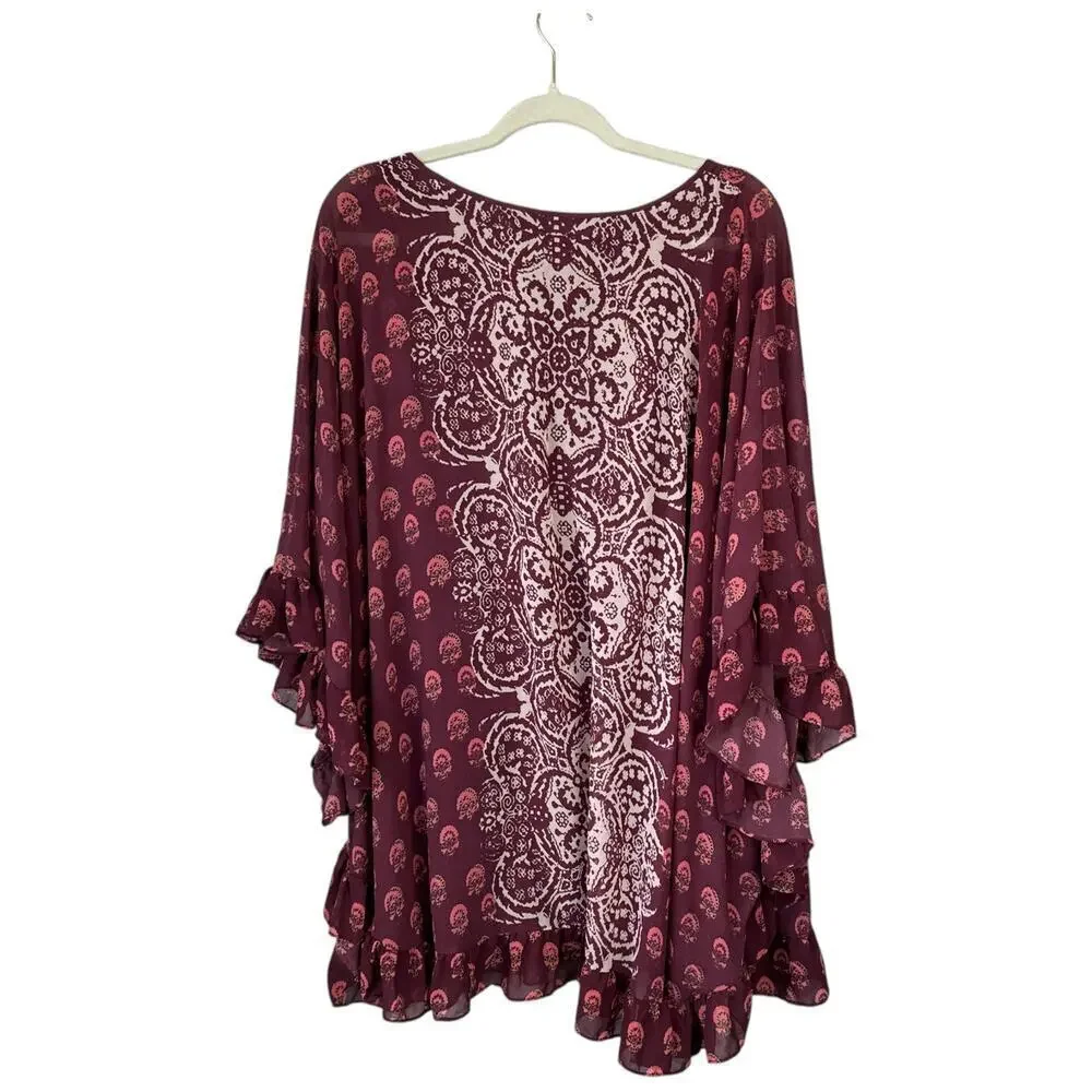 FREE PEOPLE Marla Dreams Dress Wine Red Boho Paisley Pop Flowy Fall Size XS